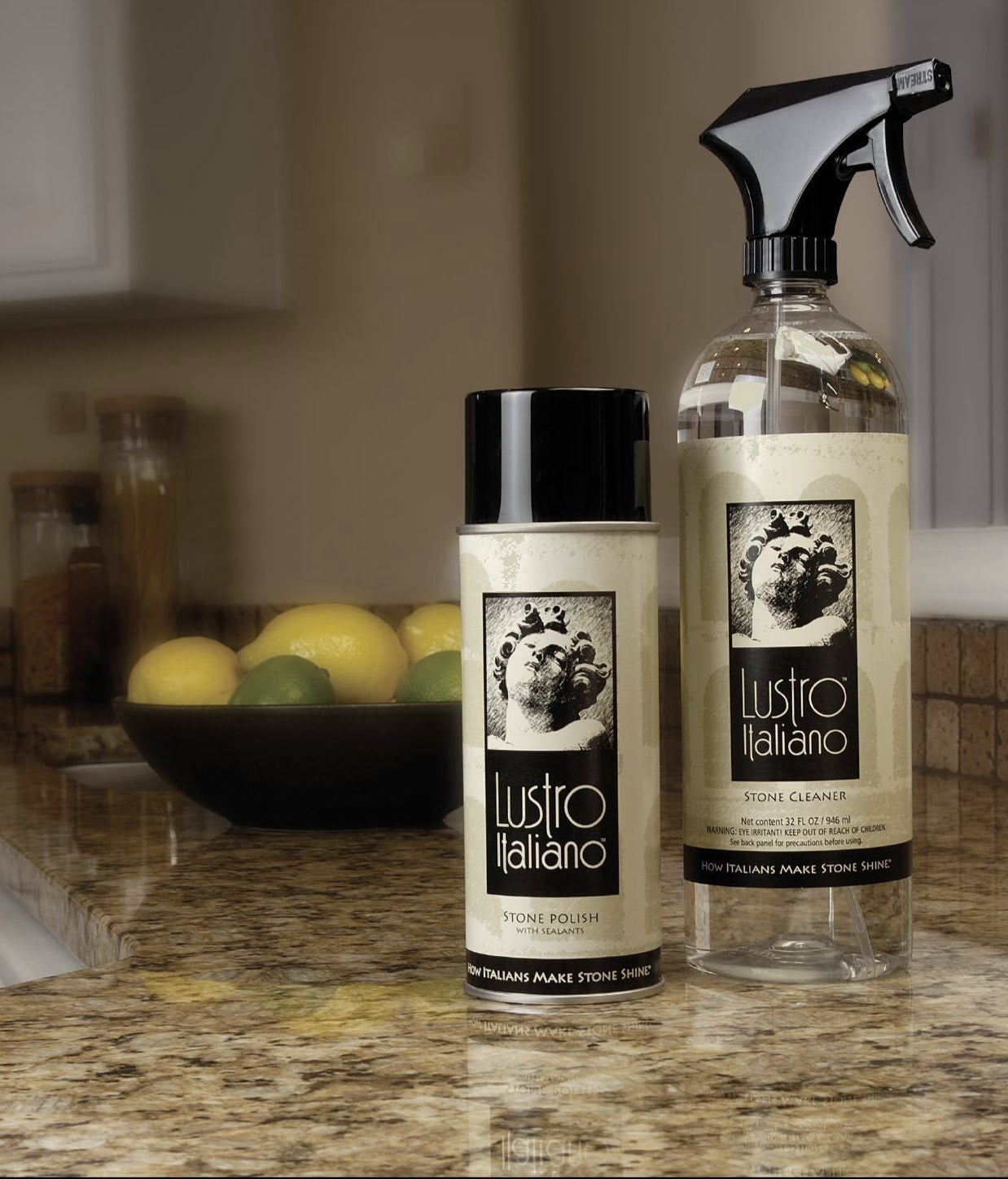 Two bottles of Lustro Italiano stone cleaner and polish on a kitchen counter.
