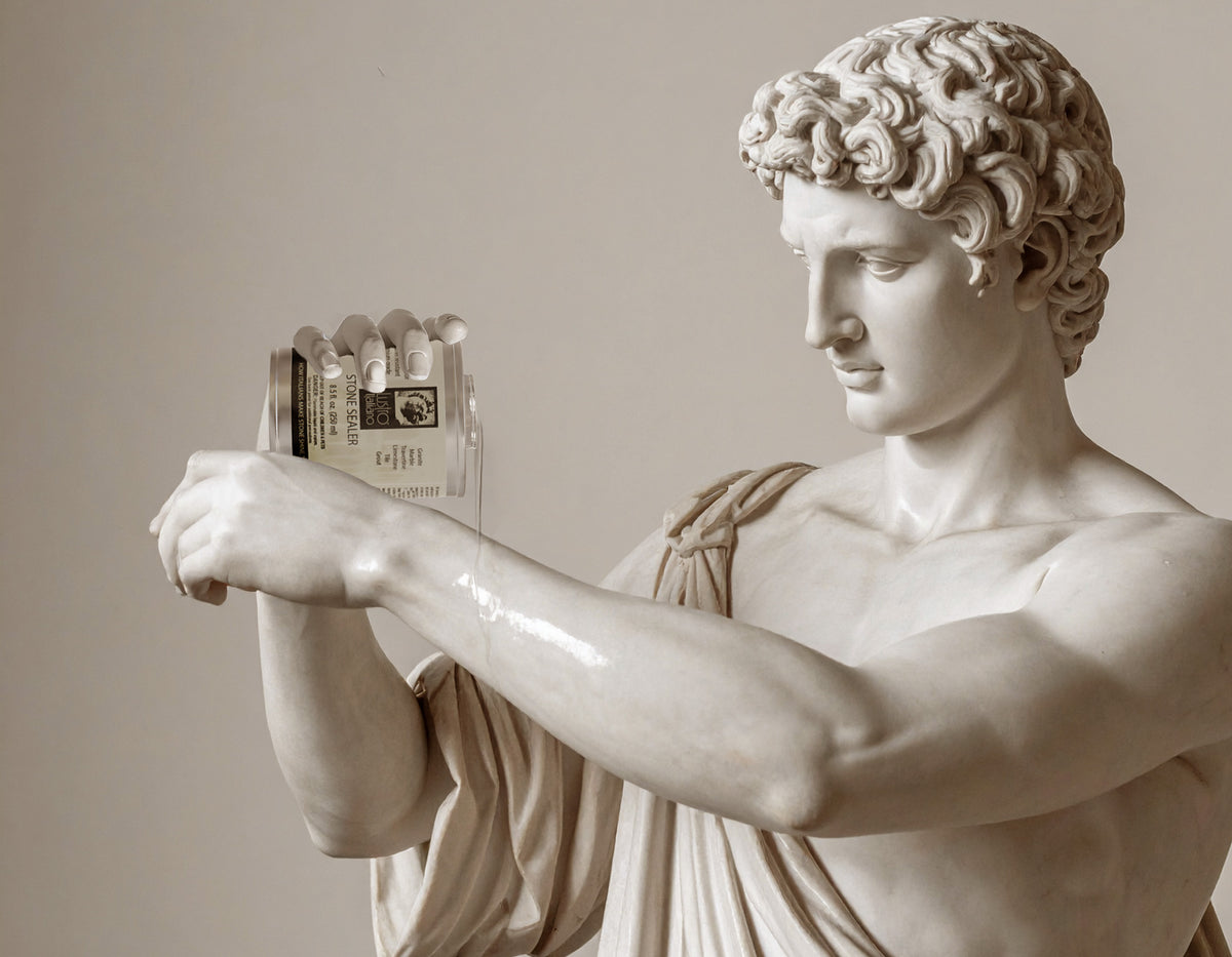 Statue holding a sealer and sealing his stone arm against a neutral background