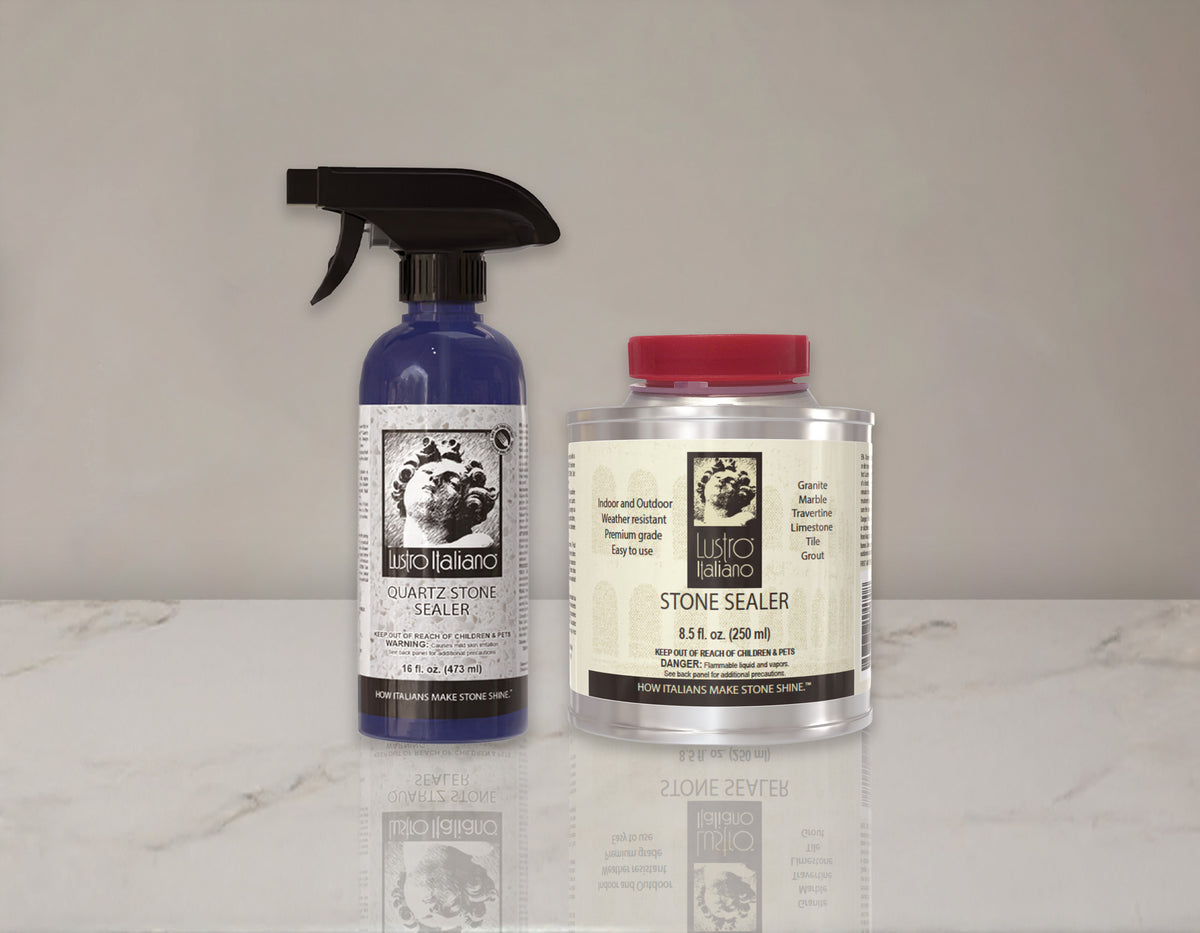 Two bottles of stone sealer on a marble surface with a neutral background